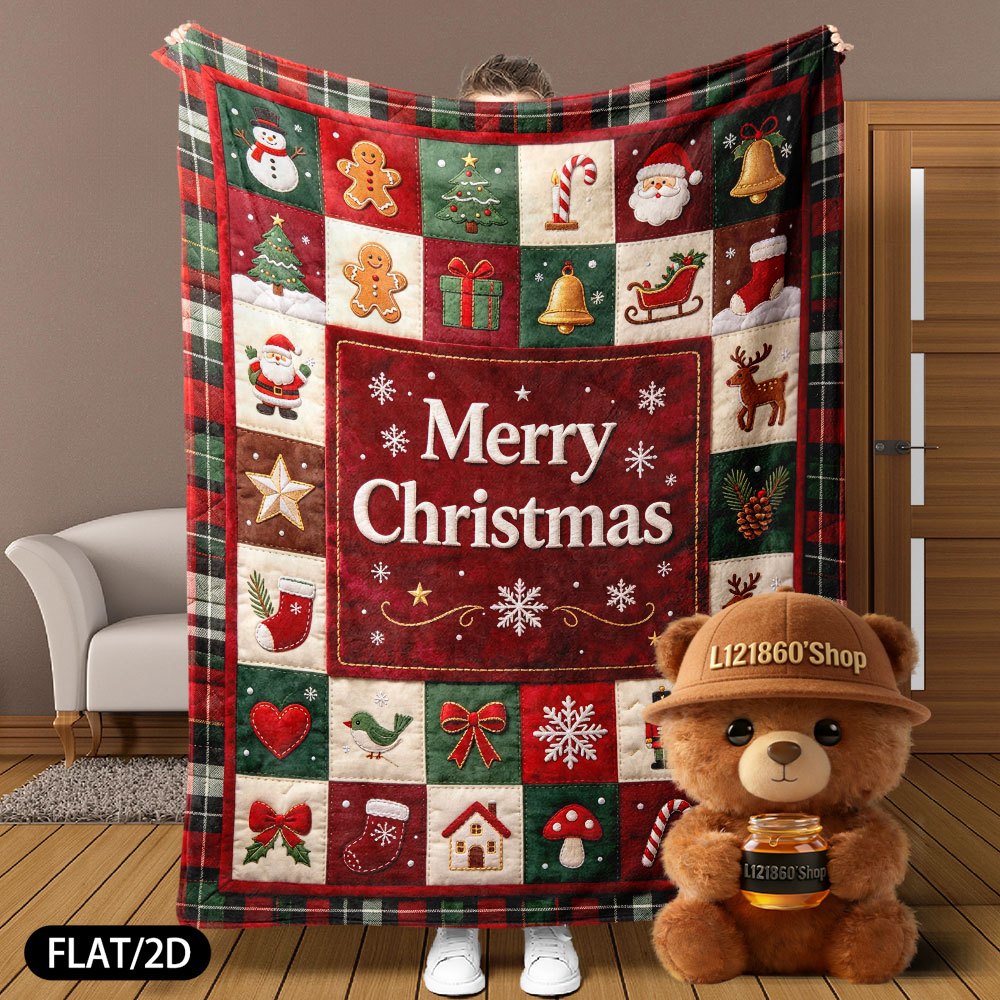 Flat/2D Digital Printing Flannel Blanket Cover Blanket, Retro Country Style Christmas Grid Patchwork Snowman Gingerbread Man Santa Claus Elk Bell Christmas Tree Pattern, Soft, Comfortable And Warm Skin-Friendly, Suitable for Bedroom