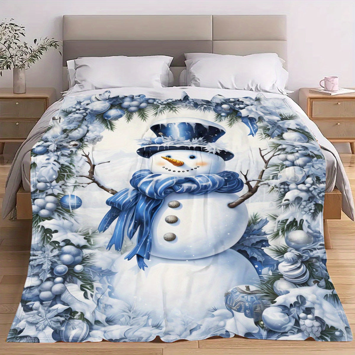 1pc Snowman And Blue White Christmas Decor Pattern Flannel Oversized Blanket, Blue White Main Color Design, Multi-Size Full-Body Blanket, Christmas Winter Decor, Durable Plush, All-Season Use, Suitable for Holiday Home Decor, Reading Time