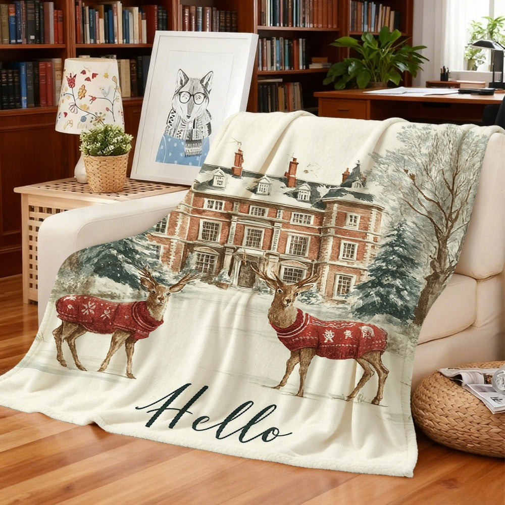 1pc of Christmas Red Deer and Snowy Manor Pattern Cream Beige Flannel Blanket, Festive and Cozy Design, Soft Plush Surface for All Seasons, Suitable for Weekend Naps on the Sofa, as a Living Room Sofa Throw, and for Home Naps