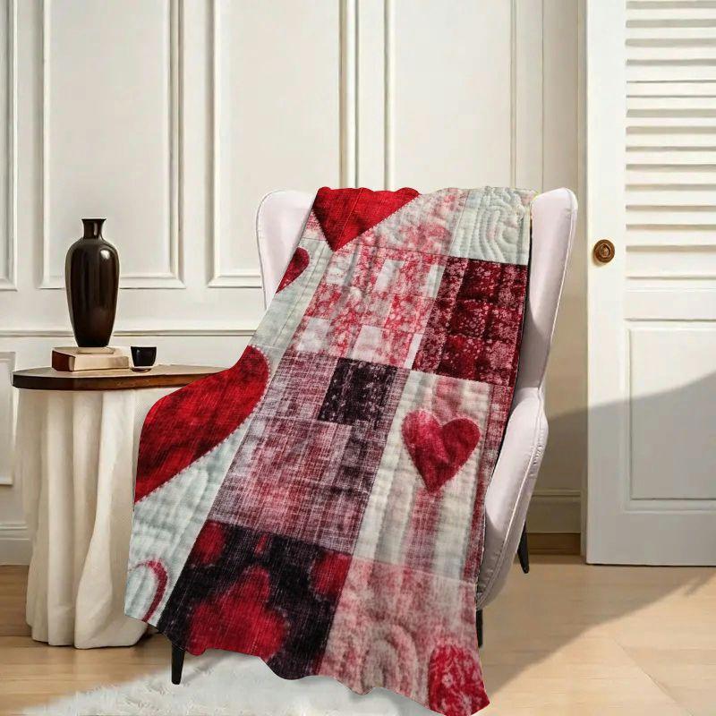 Vintage Style Valentine'S Day Flannel Shawl Blanket | Soft and Warm, Reversible, Plaid Heart Pattern, Suitable for Sofa,, Car, Office, Camping - All-Season Gift