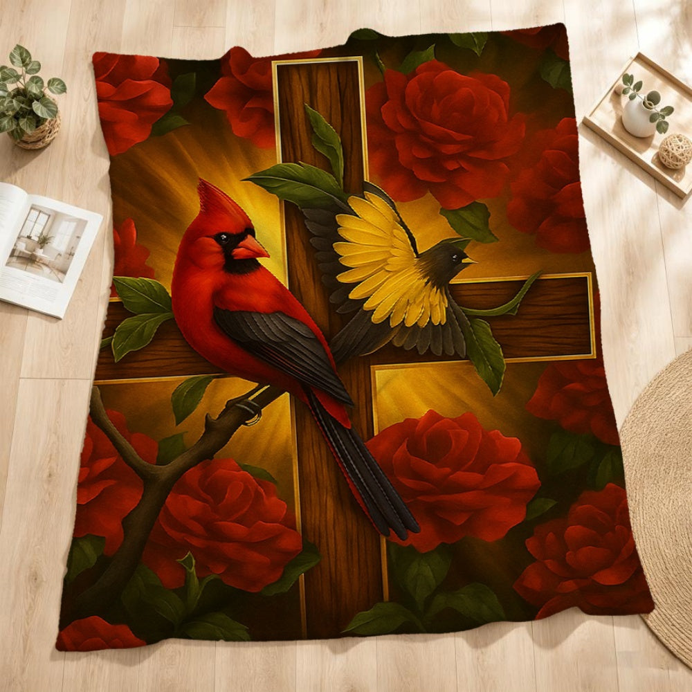 1pc Flannel Blanket with a Red, Yellow, and Black Bird and Rose Cross Pattern, Featuring a Festive Religious Theme Design. Warm Plush Surface, Suitable for All Seasons. Ideal for Use on Bedroom Beds, Office Naps, and Balcony Leisure