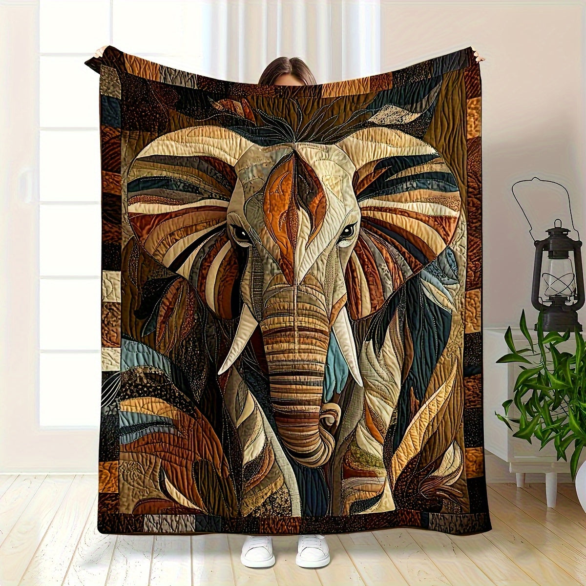 1pc Heavyweight Anti-Allergy Elephant Blanket - Soft Odorless Flannel Suitable for All Seasons, Modern Bohemian Room Decor with Elephant Head Design (Brown/Beige/Black/Orange/Blue-Green/White/Grey/Red) - Elephant-Themed Gift