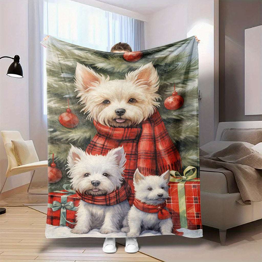 1pc Christmas Dog And Pine Tree Gift Box Pattern Flannel Large Blanket, Red And Green Main Colors Design, Multi-Size Full-Body Blanket, Christmas Winter Decor, Durable Plush, All-Season Use, Suitable for Reading Time, Bedroom Bed End Decoration