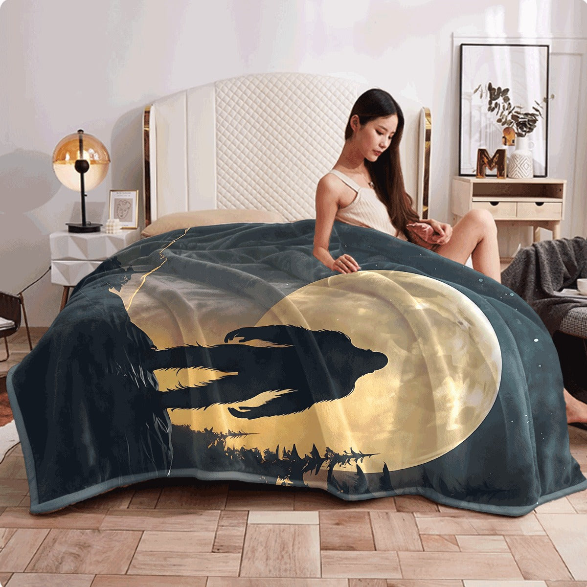 1pc Cozy Bigfoot Moonlight Flannel Throw Blanket Soft Warm & Plush with Full Moon & Forest Design Perfect for Couch Office & Camping Ideal Gift for Family & Friends Available in Multi