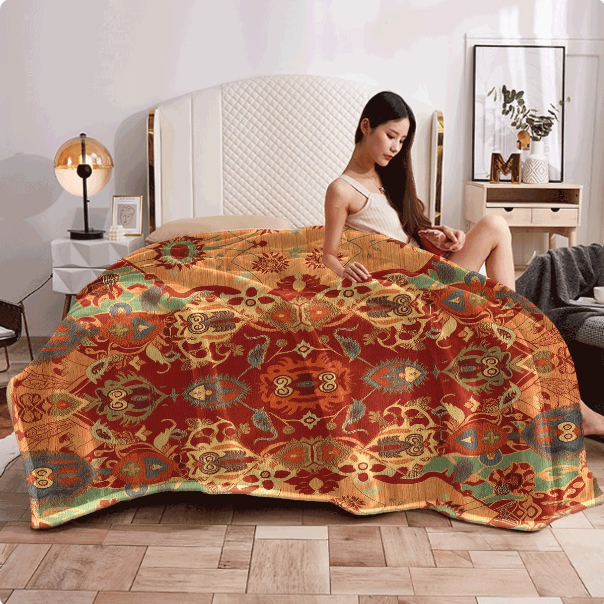 1pc A Vintage Bohemian Moroccan Style Blanket Ultra-Soft And Comfortable in Orange with Traditional Eastern Design Featuring a Single-Sided Print Suitable for S Sofas And Home Office Naps