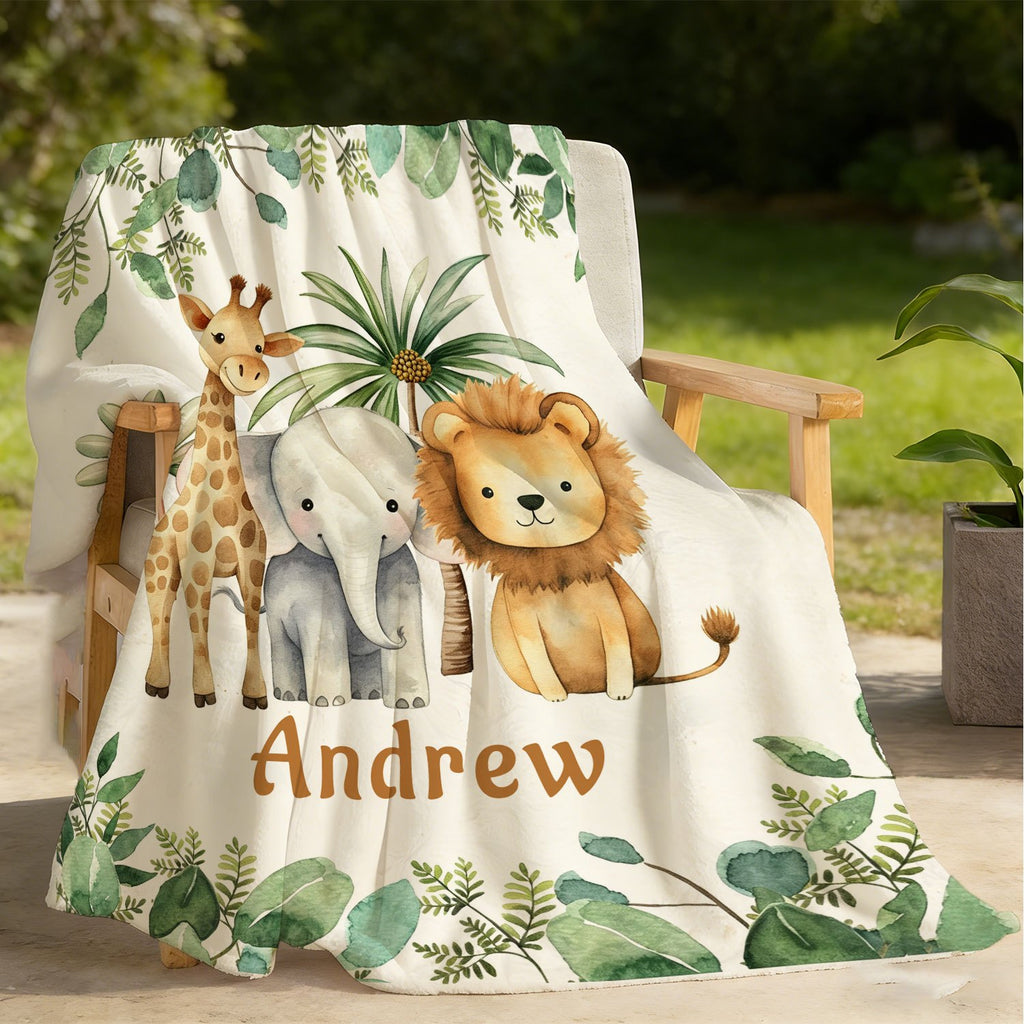 Personalized Custom Name Blanket, Cartoon Zoo Pattern Fleece Blanket, Gift for Outdoor Enthusiasts, All-Season Plush Blanket, Suitable for Home And Travel, Comfortable Personalized Blanket, Ideal Holiday Gift for Family And Friends