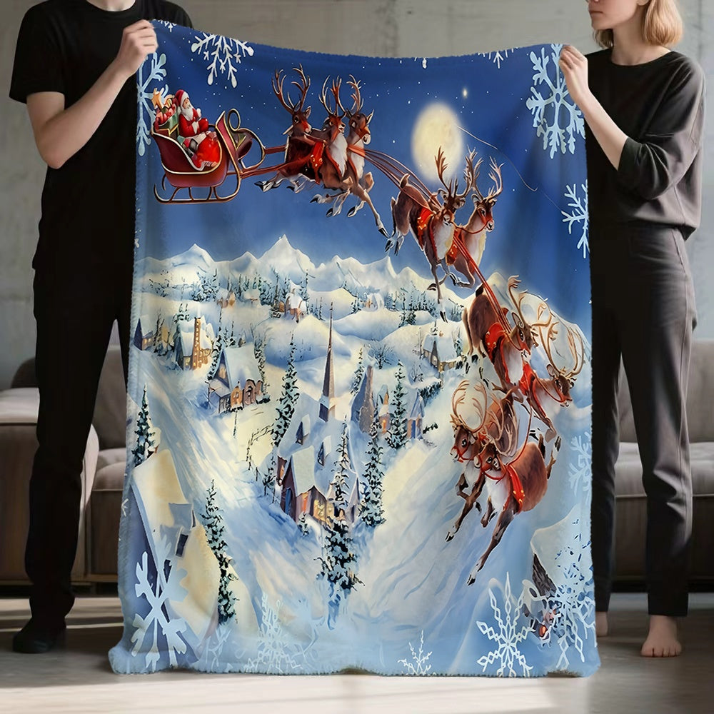 1pc Santa Sleigh And Reindeer Night Sky Flying Snow Scene Flannel Blanket, Soft Comfortable Warm, Blue Winter Design, All-Season Sofa Blanket, Warm Cover Blanket, Multiple Sizes Available, Suitable for Living Room Sofa, Bedroom, Reading Corner