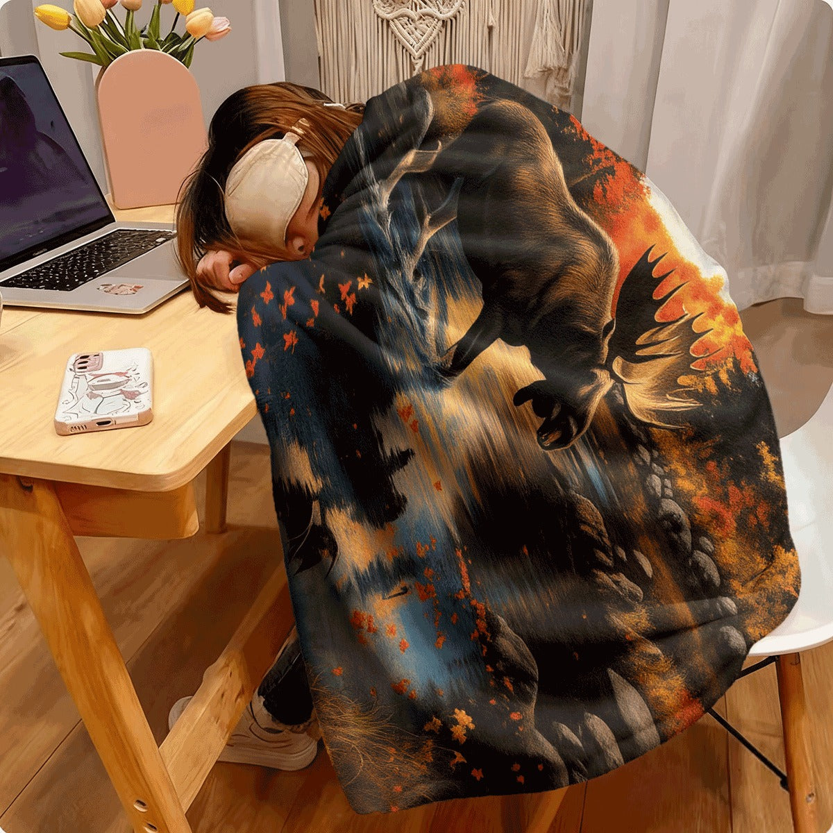 1pc Soft Flannel Blanket Autumn Landscape with Moose by Stream, Orange Red Fall Trees And Flying Birds Print, Cozy All-Season Sofa Bed Throw for Nature Lovers
