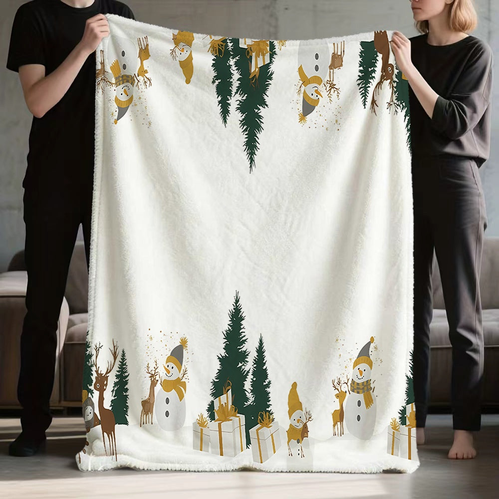 1pc Christmas Snowman And Pine Tree Pattern White Flannel Blanket, Soft Comfortable Warm, Easy Design, All-Season Blanket, Warm Cover, Multiple Sizes Available, Suitable for Living Room Sofa, Bedroom, Reading Area, Rest Area, And