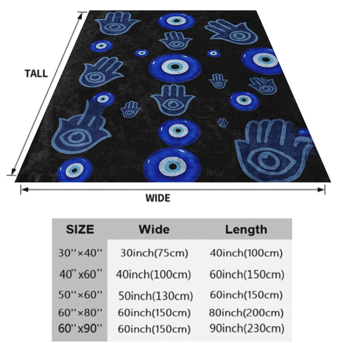 1pc Soft Flannel Throw Blanket Black Background with Blue Hamsa Hand And Evil Eye Pattern Cozy Warm Decorative Blanket for Sofa All-Season Comfort Machine Washable