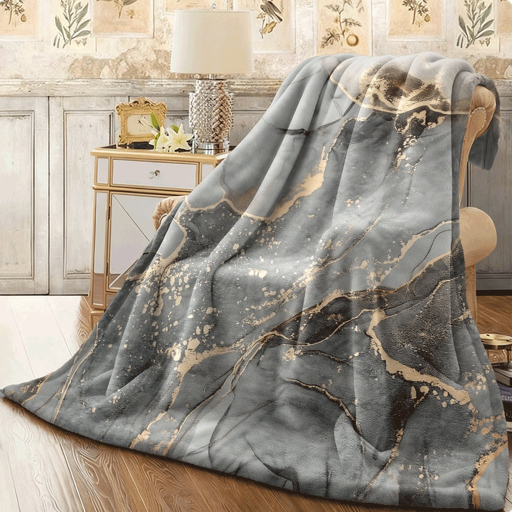 1pc Luxury Gray And Golden Marble Print Flannel Blanket Elegant Dark Gray And Golden Veins Soft All-Season Couch Throw Spread Sofa Cover Machine Washable Luxury Home Decor for Living Room Bedroom