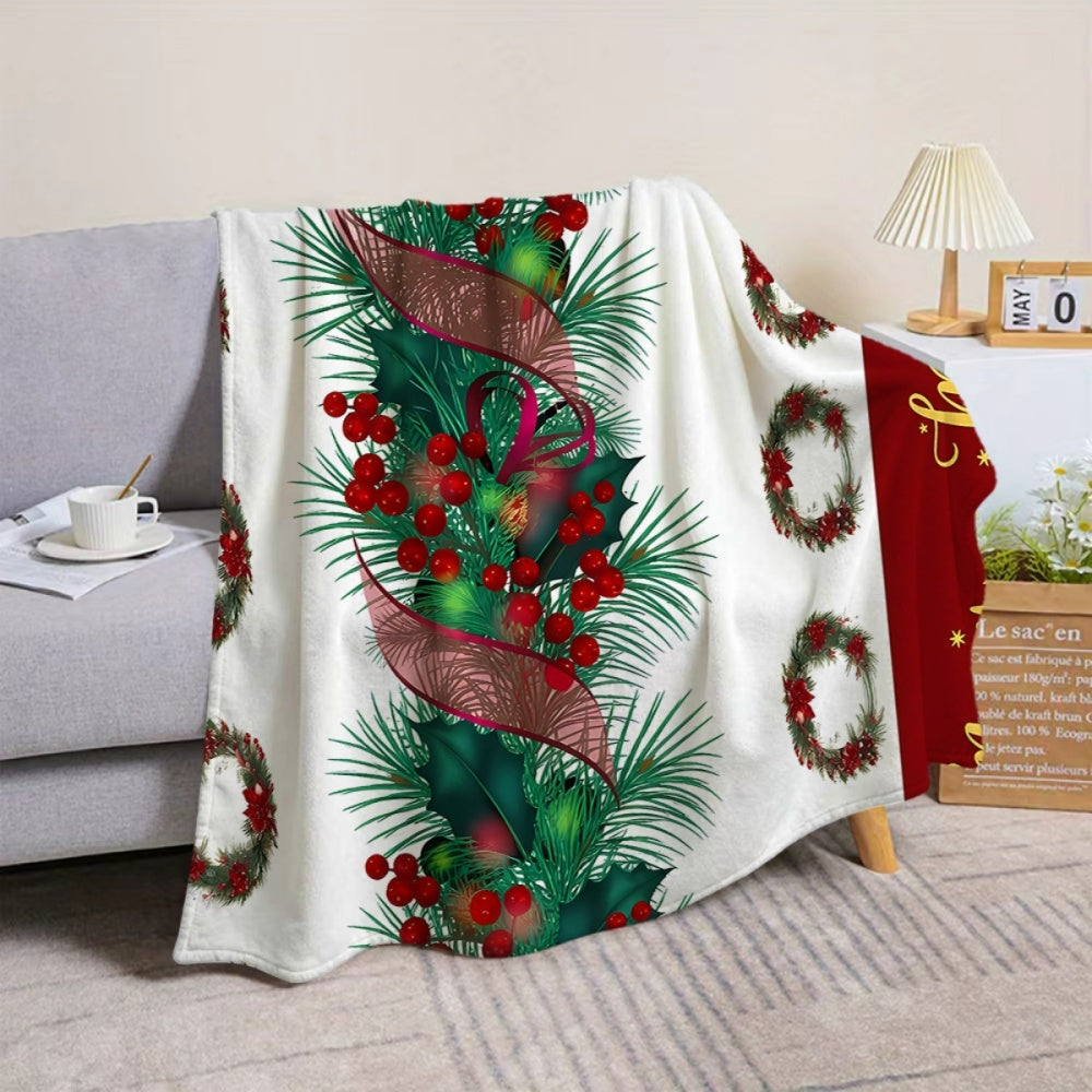 Christmas Festive Red Berries And Pine Bough Wreath Pattern Flannel Blanket, Soft Comfortable Warm, White Background Design, Durable Plush Surface, All-Season Sofa Blanket, Warm Cover, Multiple Sizes Available, Suitable for Living Room Sofa