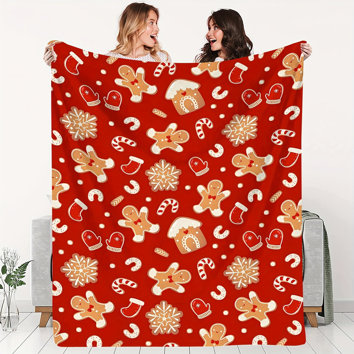 1pc Christmas Gingerbread Print Blanket, Festive Cozy Throw Blanket, Super Warm Soft and Comfortable Flannel Blanket, Multiple Sizes Available, Suitable for Living Room, Bedroom, Sofa, Bedside