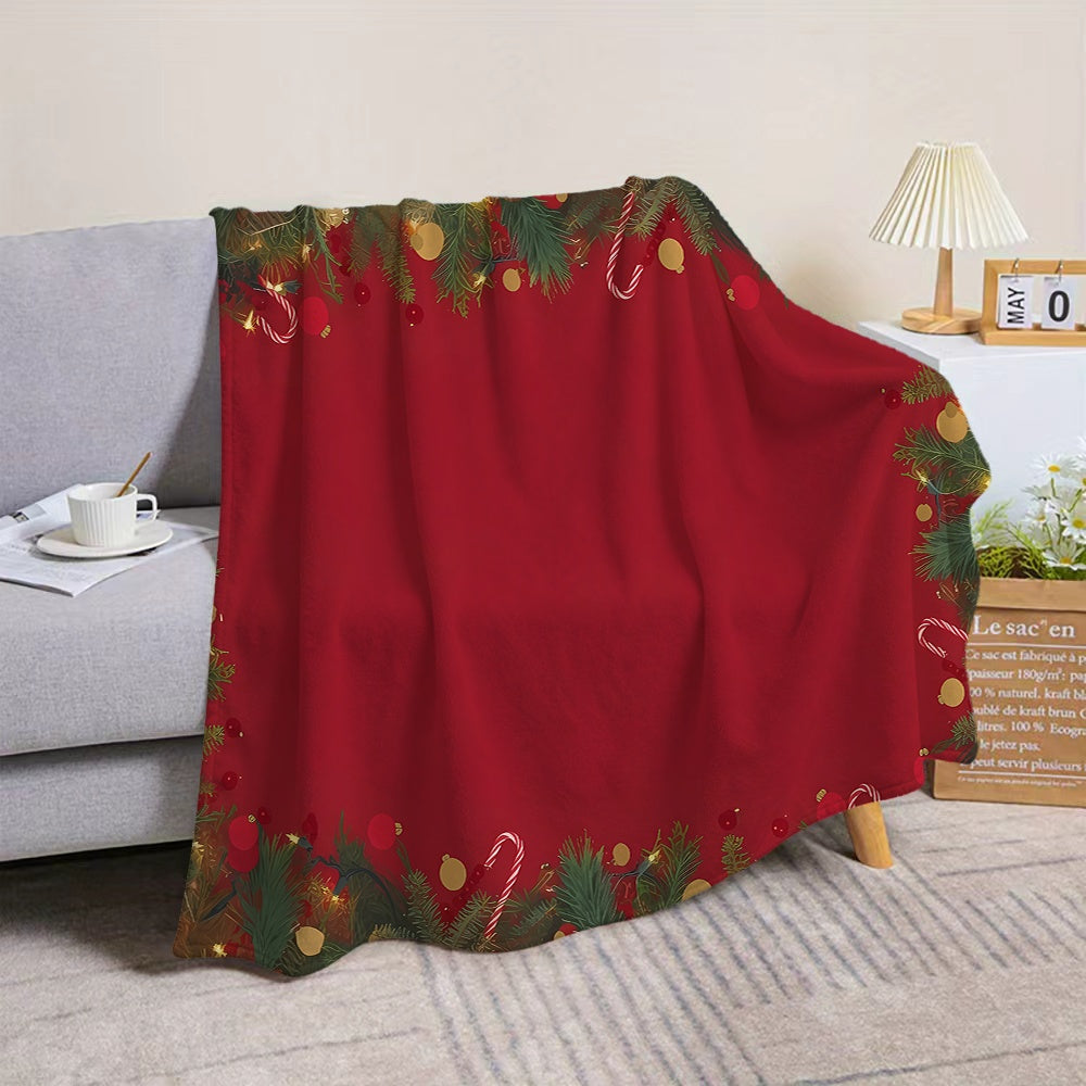 1pc Christmas Holiday Pine Branch Candy Pattern Red Flannel Blanket, Soft Comfortable Warm, Main Color Red Design, All-Season Blanket, Warm Cover, Multiple Sizes Available, Suitable for Living Room Sofa, Bedroom, Casual Reading