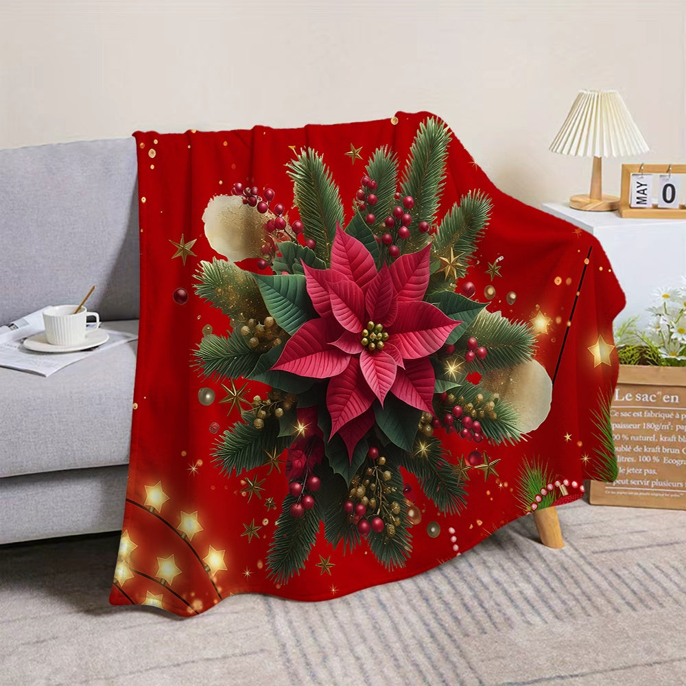 1pc Christmas Floral-themed Red Flannel Blanket, Soft, Comfortable, and Warm, with a Festive Design. A Versatile All-season Throw or Warm Cover Blanket, Available in Multiple Sizes. Suitable for Living Room Sofas, Bedroom, Leisure Reading