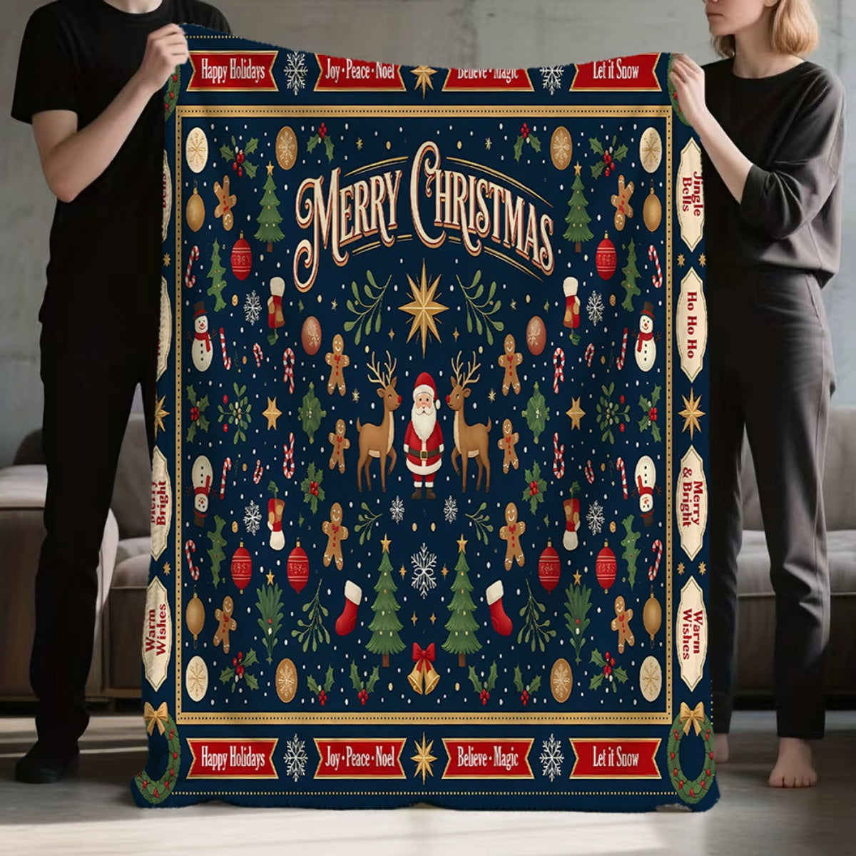 1pc, Santa And Reindeer Pattern Deep Blue Flannel Blanket, Soft Comfortable Warm, Festive Design, Durable Plush, All-Season Sofa Blanket, Warm Cover, Multiple Sizes Available, Suitable for Living Room Sofa, Bedroom, Reading Corner