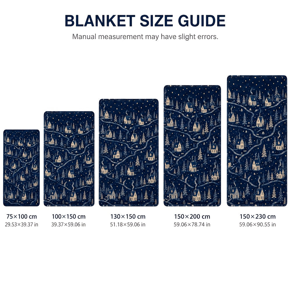 Blanket, Dark Blue Snow Night Town Blanket, Winter Snow House Pine Forest Christmas Wind Soft Blanket, Living Room Sofa Bedroom Autumn and Winter Warm Home Decoration Blanket