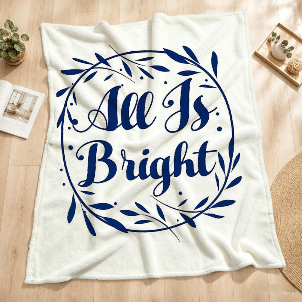 1pc "Jolly Bright" Blue Text And Foliage Pattern Cream Beige Flannel Blanket, Christmas Holiday Decor Design, Soft Plush All-Season Use, Suitable for Weekend Sofa Naps, Festive Home Decoration, And Dormitory Life