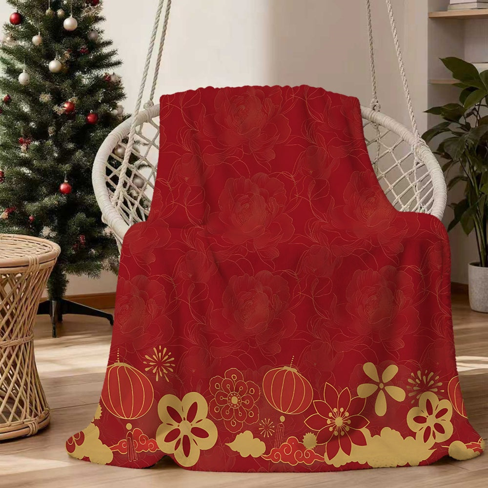 1pc Red Chinese Floral Lantern Pattern Flannel Blanket, Soft Comfortable Warm, Festive Design, All-Season Blanket, Warm Cover, Multiple Sizes Available, Suitable for Living Room Sofa, Bedroom, Casual Reading, Winter Heating