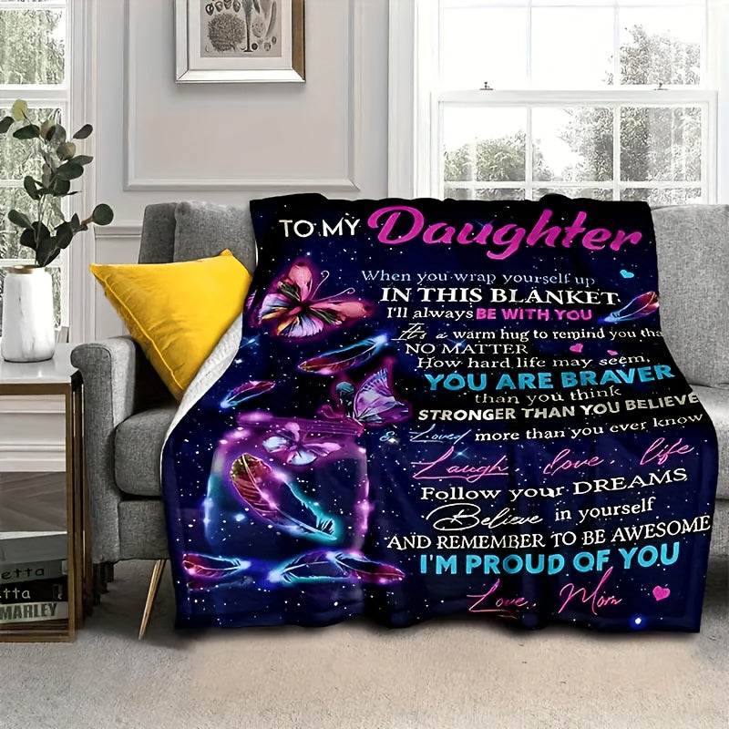 1pc Cozy Flannel Fleece Blanket for Daughter - Soft Polyester Throw with Inspirational Quotes, All-Season Comfort, Machine Washable, Perfect Mother'S Gift for Birthday Or Holiday