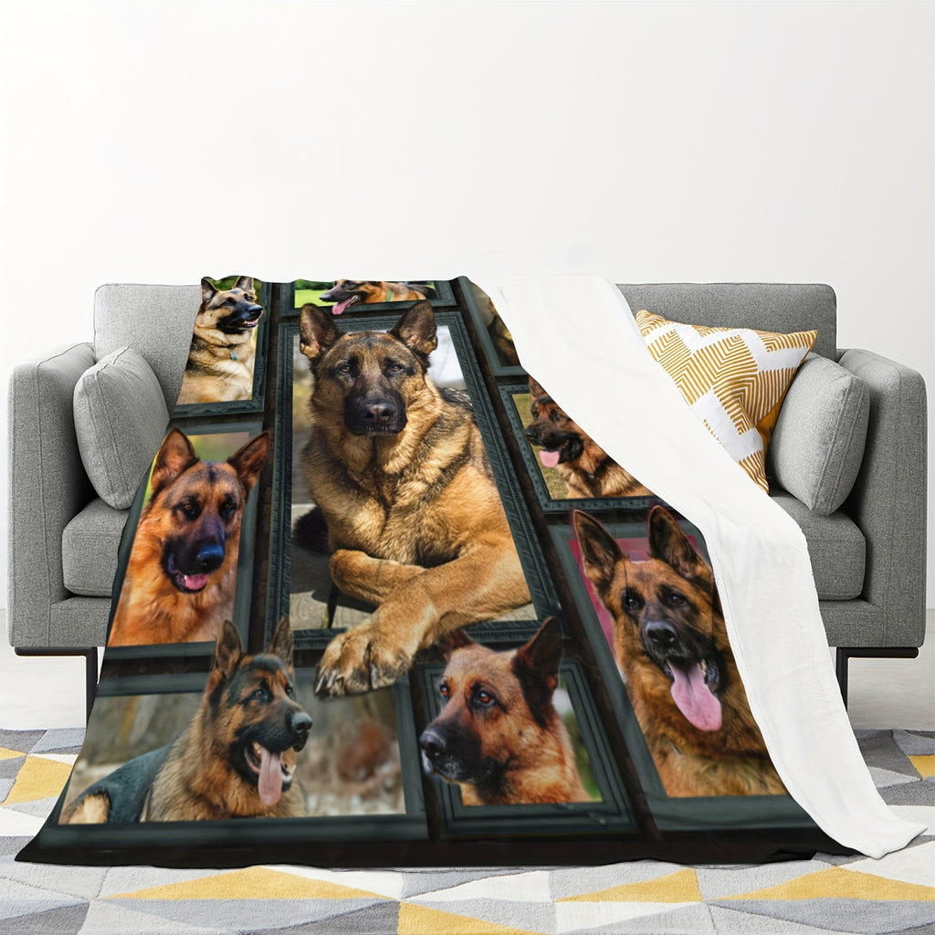 1pc German Shepherd Print Flannel Blanket for Adults - Soft Warm All-Season Throw with Multi-Color Vintage Dog Collar & Tag Design, Hand Wash Only, Perfect for Couch, Sofa, Bed, Office, Camping, Travel - Ideal Gift for Dog Lovers, Dog Blanket, Dogthemed D
