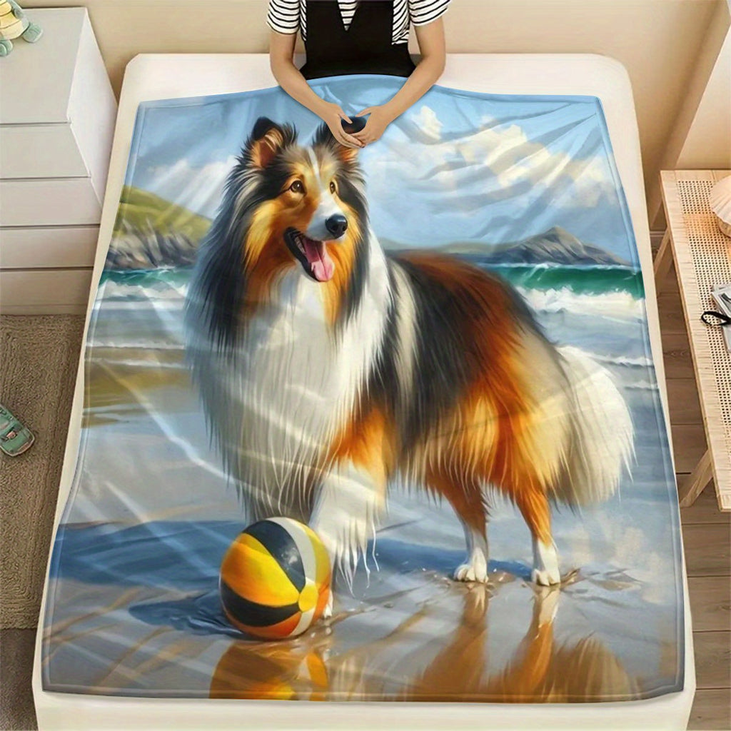 1pc 2D Flat Printing, Corgi Beach Theme Blanket, Soft Fleece Blanket - Blue White Brown Design, Multi-Size Available, Suitable for Living Room, Bedroom, Sofa, And Casual Reading