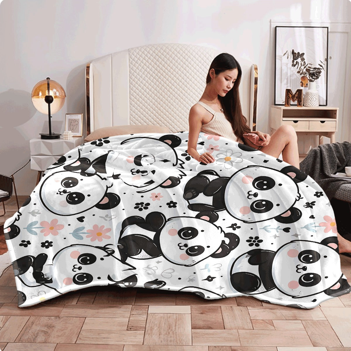 1pc Cute for panda Pattern Flannel Blanket Sweet Pastel Flowers And Adorable for panda Print Ultra-Soft All-Season Throw for Couch Sofa Cozy Gift for Panda Lovers
