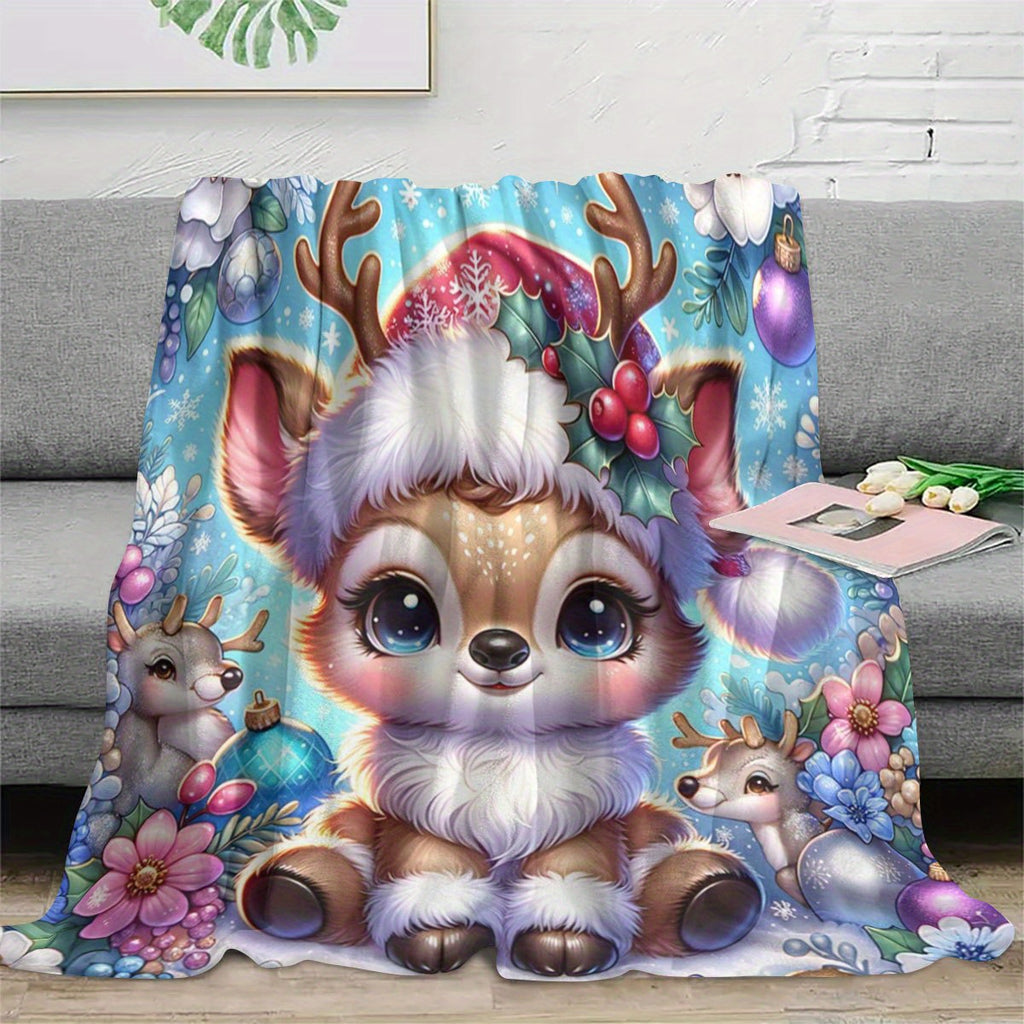 1pc of Large Flannel Blanket with a Blue Christmas Deer and Wreath Pattern, Christmas Winter Decoration, Suitable for Bedroom Bed Use, Weekend Sofa Naps, and Home Naps