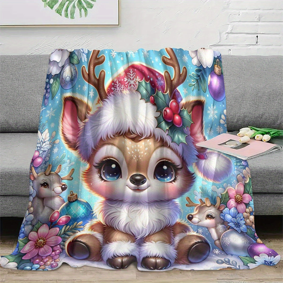 1pc of Large Flannel Blanket with a Blue Christmas Deer and Wreath Pattern, Christmas Winter Decoration, Suitable for Bedroom Bed Use, Weekend Sofa Naps, and Home Naps