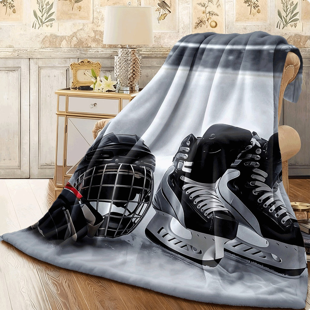1pc Ice Hockey Skate & Puck Print Blanket Soft Cozy Flannel Spread for Men & Women All-Season Couch Sofa Travel Throw Machine Washable Gift for Sports Lovers (Ice Hockey Design)
