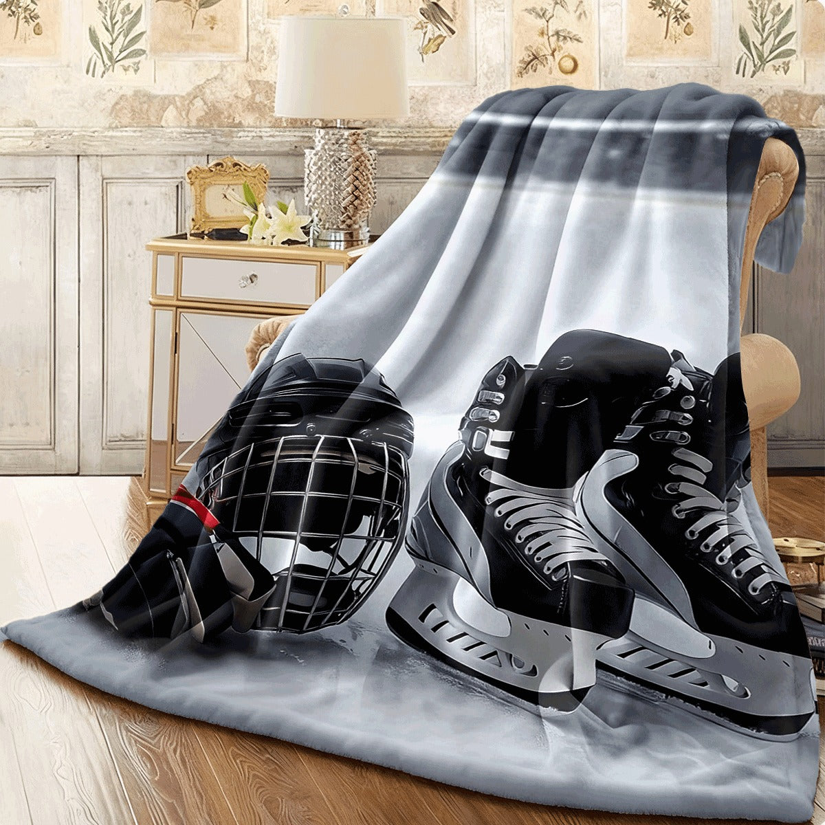 1pc Ice Hockey Skate & Puck Print Blanket Soft Cozy Flannel Spread for Men & Women All-Season Couch Sofa Travel Throw Machine Washable Gift for Sports Lovers (Ice Hockey Design)