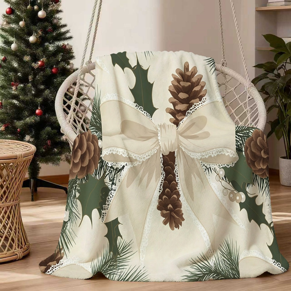 1pc Christmas Pinecone Bow Pattern Flannel Blanket, Soft, Comfortable, and Warm, Beige and Green Design, All-season Universal Blanket, Warm Throw Blanket, Multiple Sizes Available, Suitable for Living Room Sofas, Bedroom, Leisure Reading