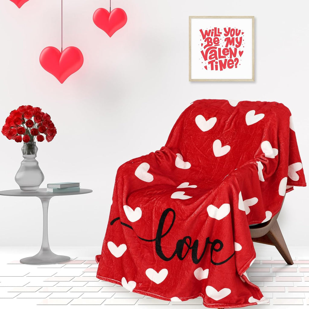 Valentine Fuzzy Blanket Love Heart Throw Blanket Red Cozy Flannel Blanket for Home Bed Sofa Couch Chair, 50 X 60 Inch