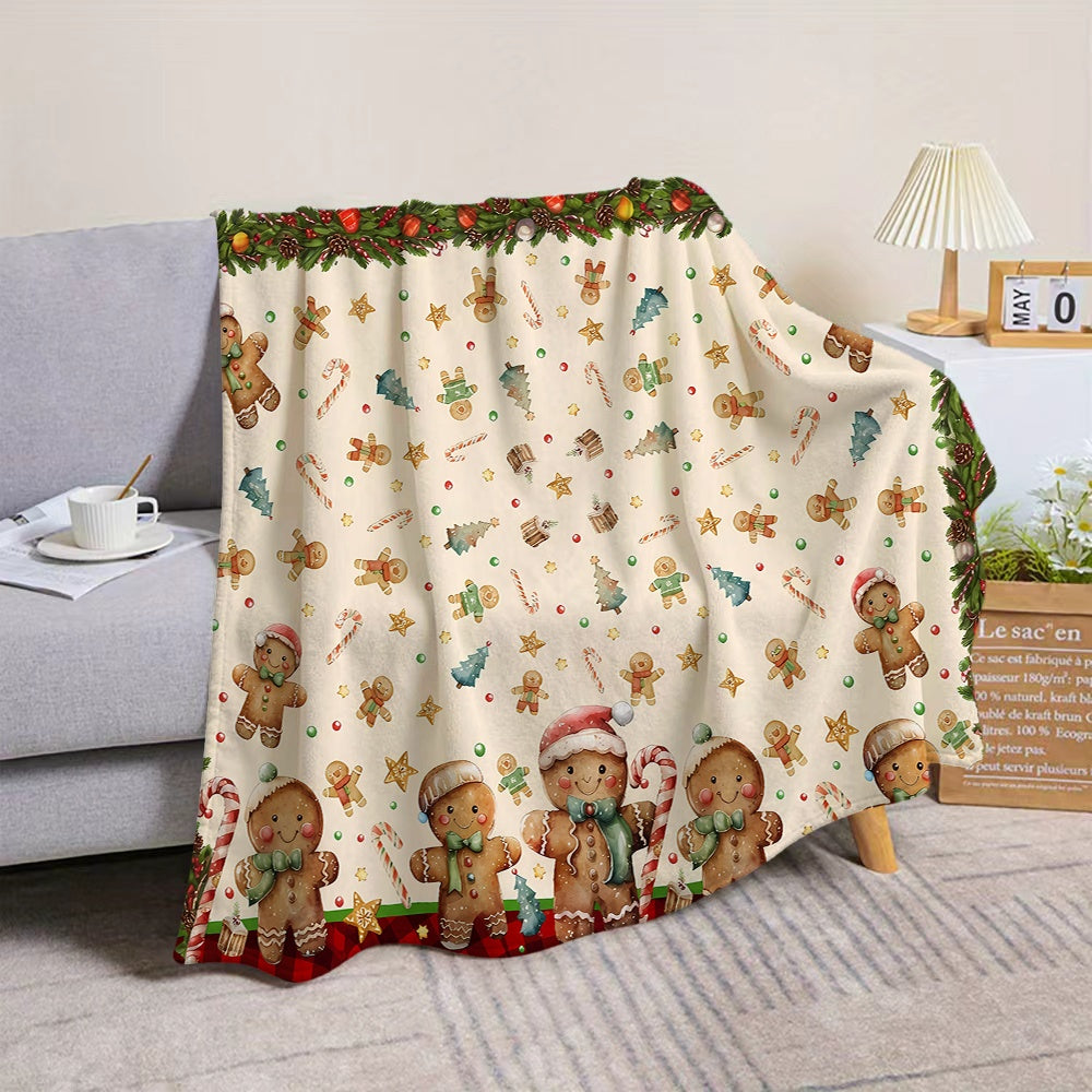 1pc Christmas Gingerbread Man And Holiday Wreath Pattern Flannel Blanket, Soft Comfortable Warm, Beige Base Design, All-Season Sofa Blanket, Warm Throw Blanket, Multiple Sizes Available, Suitable for Living Room Sofa, Bedroom, Reading Corner