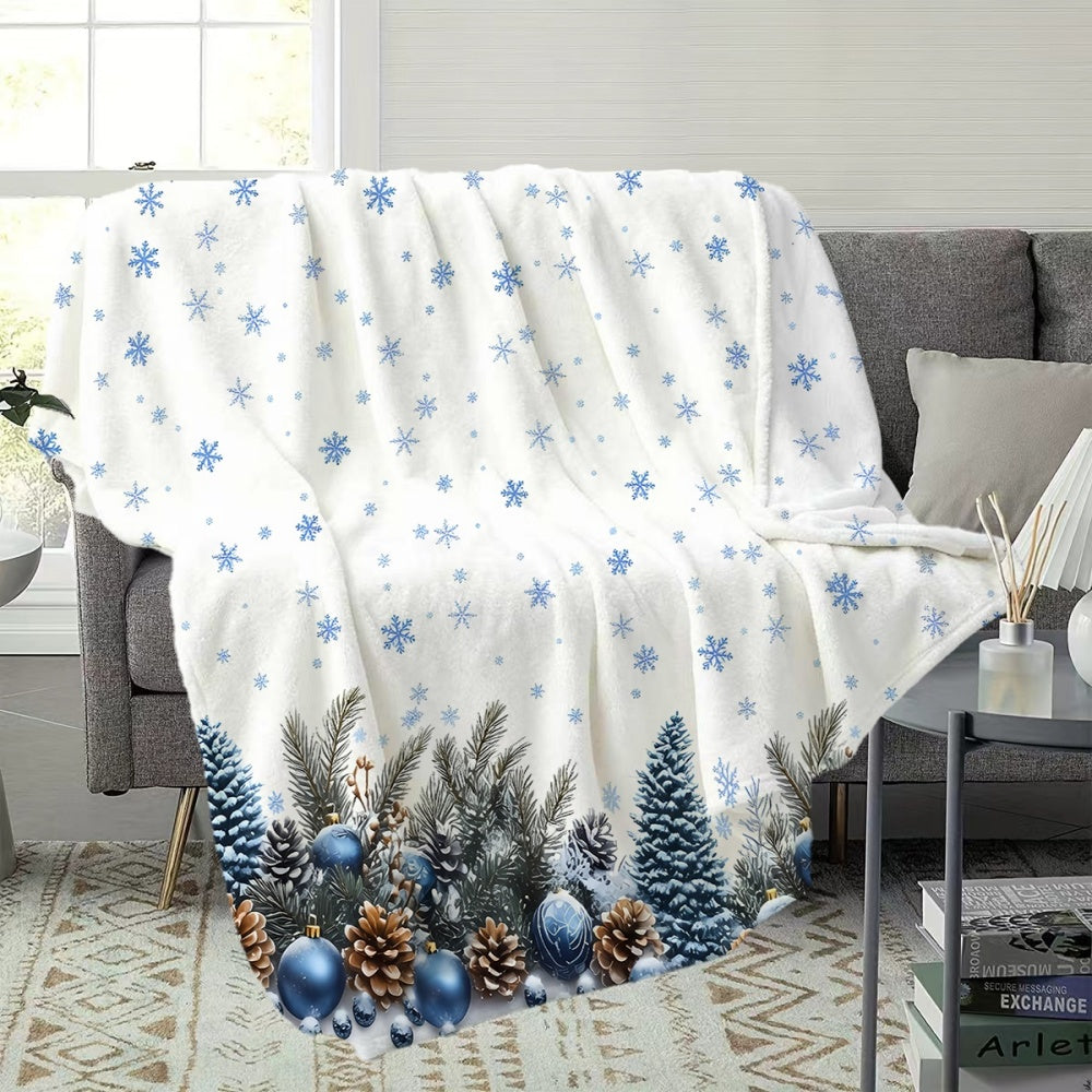 1pc, Christmas Snowflake Pinecone Blue Decorative Flannel Blanket, Soft Comfortable Warm, White Background Blue Pattern Design, Durable Plush, All-Season Sofa Blanket, Warm Cover, Multiple Sizes Available, Suitable for Living Room Sofa, Bedroom