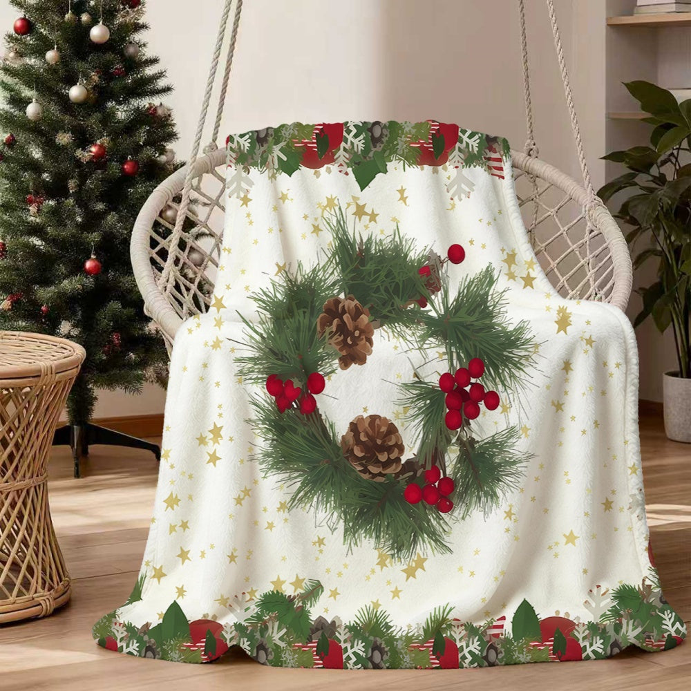 1pc Christmas Wreath And Pinecone Pattern Flannel Blanket, Soft Comfortable Warm, White Background with Golden Stars Design, All-Season Blanket, Warm Cover, Multiple Sizes Available, Suitable for Living Room Sofa, Bedroom, Reading Area