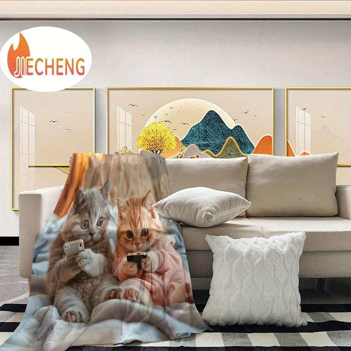 1pc 2D Flat Printing, Cute Kitten Playing with Phone Blanket, Soft Fleece Blanket - Orange And Gray Design, Multi-Size Available, Suitable for Living Room, Bedroom, Sofa, And Casual Reading