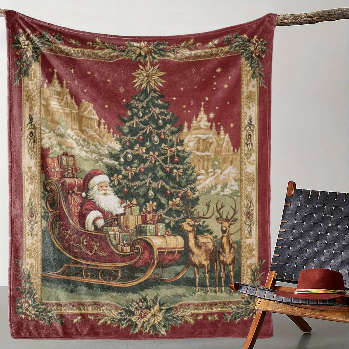 Vintage Christmas Blanket - Soft Flange Plush Blanket with Santa Claus, Reindeer and Tree Designs, Red Holiday Decor, Suitable for Sofas, Office, Travel - All Season Comfort Gifts, Suitable for Christmas, Christmas Blankets