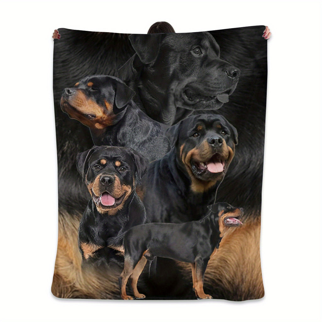 1pc 60x50 Inch Flannel Blanket - Realistic Rottweiler Dog Print, Hypoallergenic Soft Cozy All-Season Throw, Hand Wash Only, Perfect Gift for Dog Lovers, Home Decor & Warmth, Dog Blanket, Vintagestyle Design