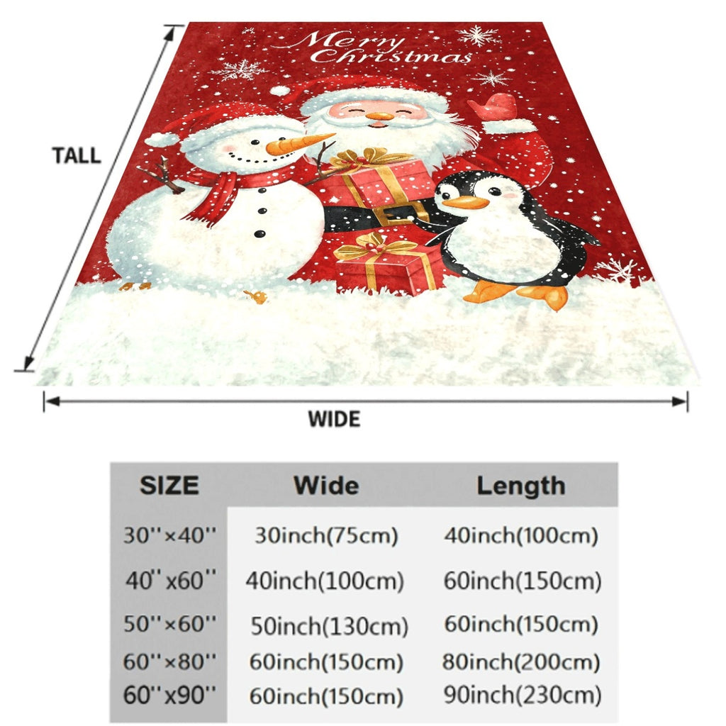 One Cozy Fleece Blanket Featuring Santa, a Snowman, And a Penguin, Made of Soft And Warm Polyester. Perfect for Naps, Camping, Travel, Office Use, And Home Decoration. an Ideal Holiday Gift
