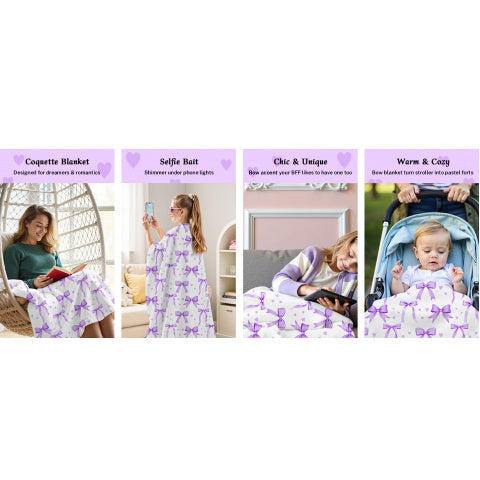 for Lotus Karen Bow Blanket 60x80 Inch Soft Lightweight Flannel Throw Blanket with Purple Bow Christmas Birthday Valentine's Day Gifts for Girls Women Coquette Preppy Decor for Bedroom Dorm Bed Sofa