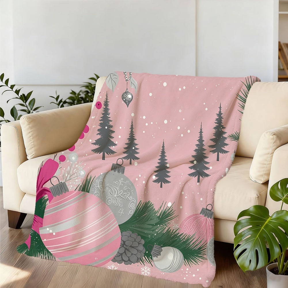1pc Christmas Pine Tree And Ball Pattern Pink Flannel Blanket, Soft Comfortable Warm, Winter Design, All-Season Sofa Blanket, Warm Cover, Multiple Sizes Available, Suitable for Living Room Sofa, Bedroom, Reading Corner, Leisure Time