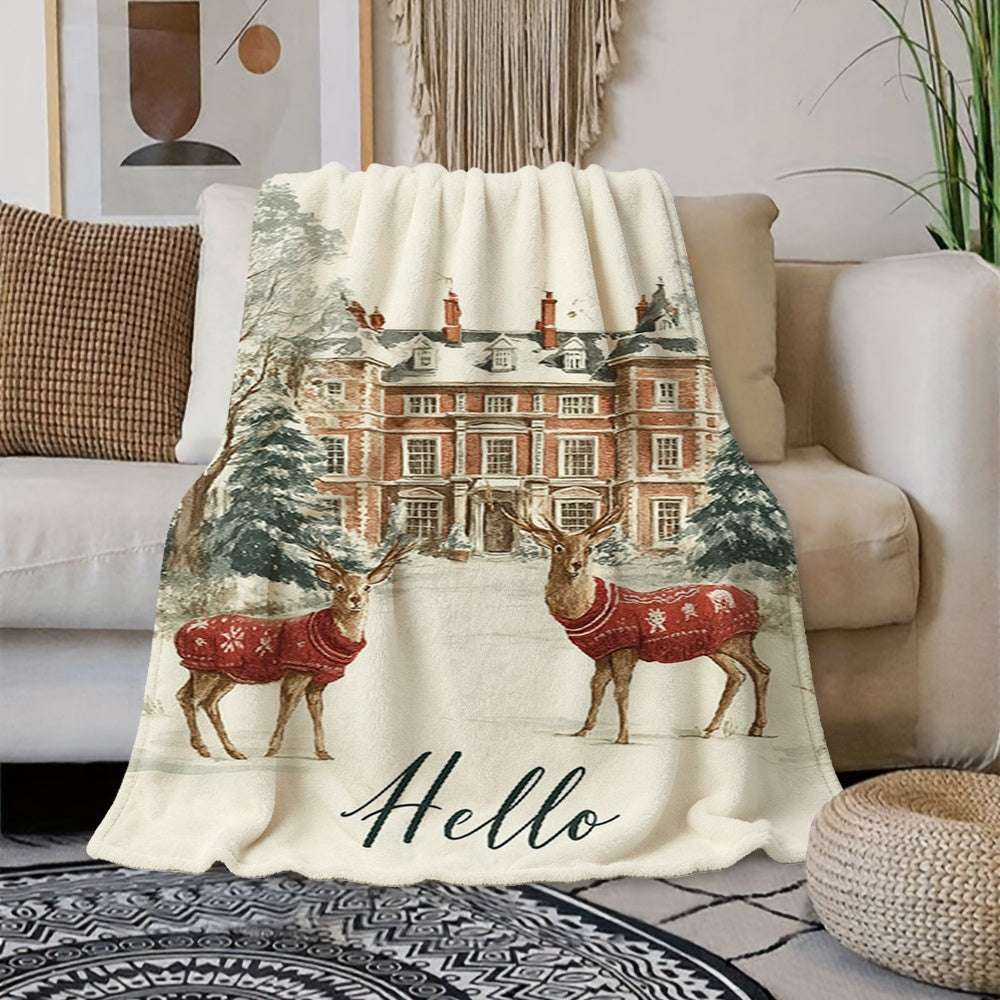1pc of Christmas Red Deer and Snowy Manor Pattern Cream Beige Flannel Blanket, Festive and Cozy Design, Soft Plush Surface for All Seasons, Suitable for Weekend Naps on the Sofa, as a Living Room Sofa Throw, and for Home Naps