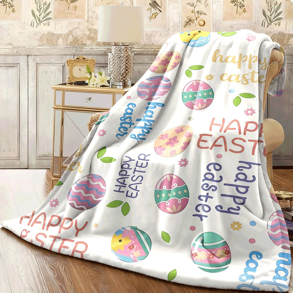 1pc Easter Egg & Happy Easter Spread Pastel Spring Cover with Bunny Tulip & Chick Patterns Soft Flannel Fabric for Room Decor Ding Machine Washable All-Season Spread (Multico