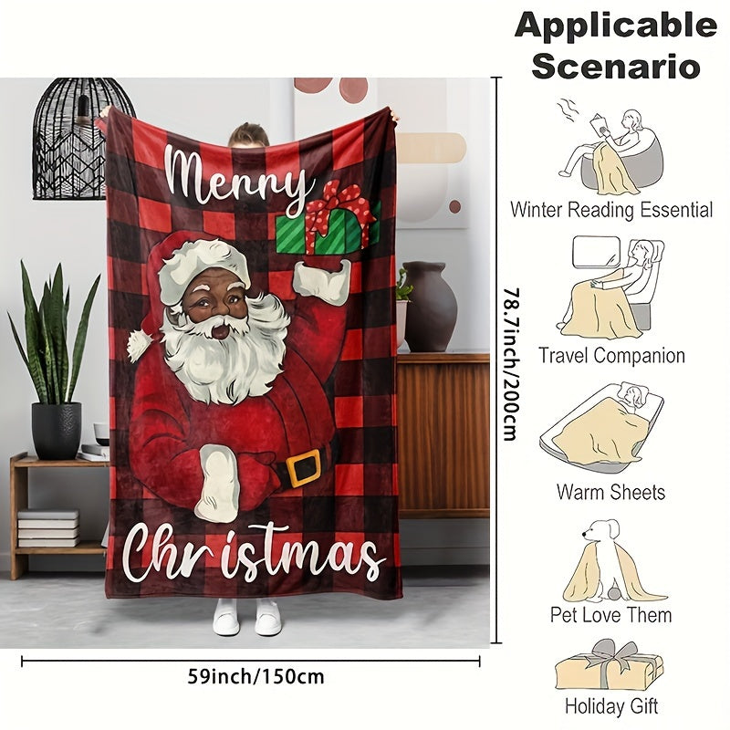 Warm And Comfortable Christmas Flannel Throw Blanket Featuring a Plaid Santa Design, Perfect for Your Couch,, Or Office. A Hypoallergenic Gift Suitable for All Seasons