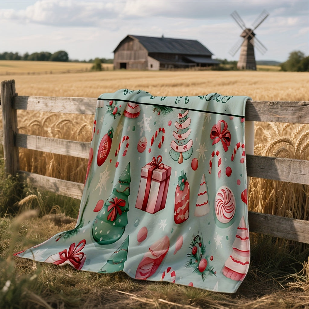 Christmas Blanket with Name (1), Featuring Candy Cane Walking Support, Christmas Tree, Candy, Bow, and Snowflake Designs, Suitable for Travel, RV, Home and Bed Decor, Christmas Festivities