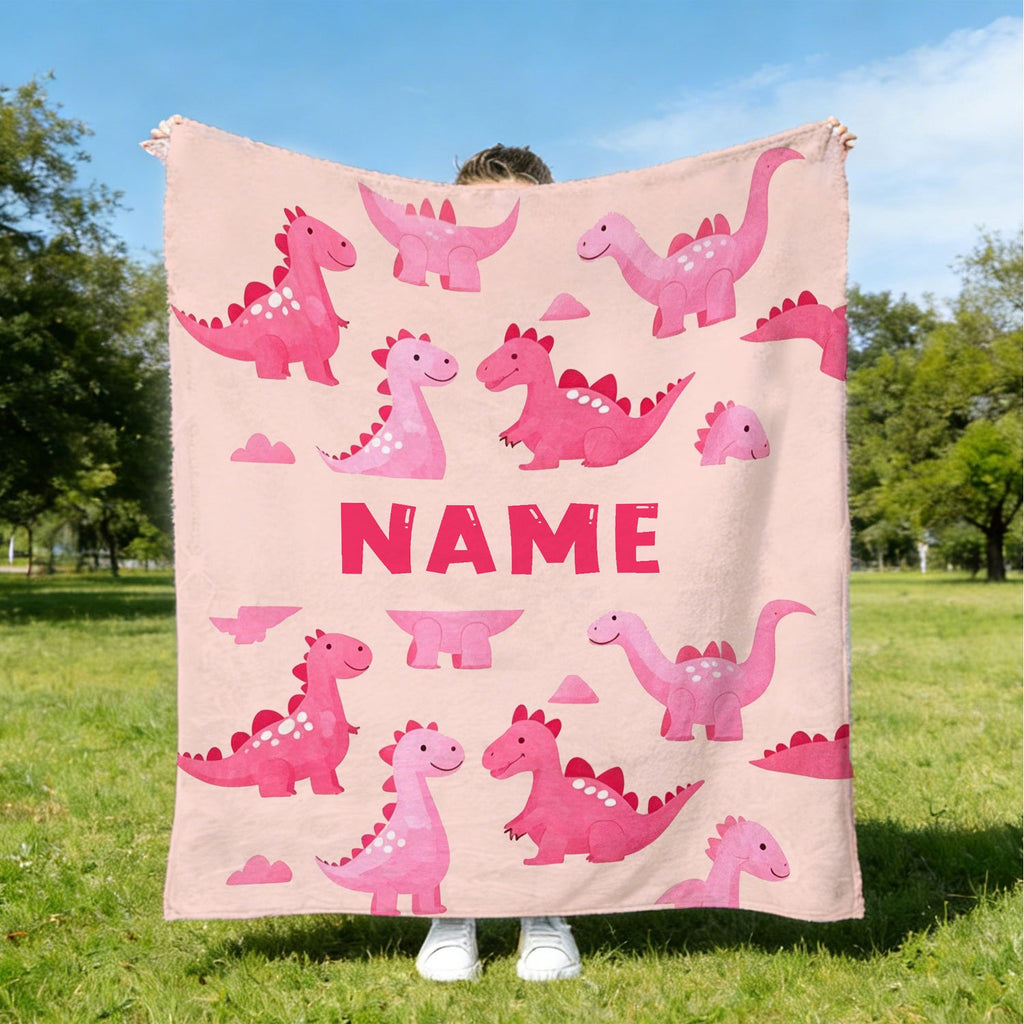 Personalized Custom Name Blanket - Cute Pink Little Dinosaur Fleece Blanket - Gift for Outdoor Enthusiasts - All-Season Plush Blanket - Suitable for Home And Travel - Comfortable Personalized Blanket - Ideal Holiday Gift for Family And Friends
