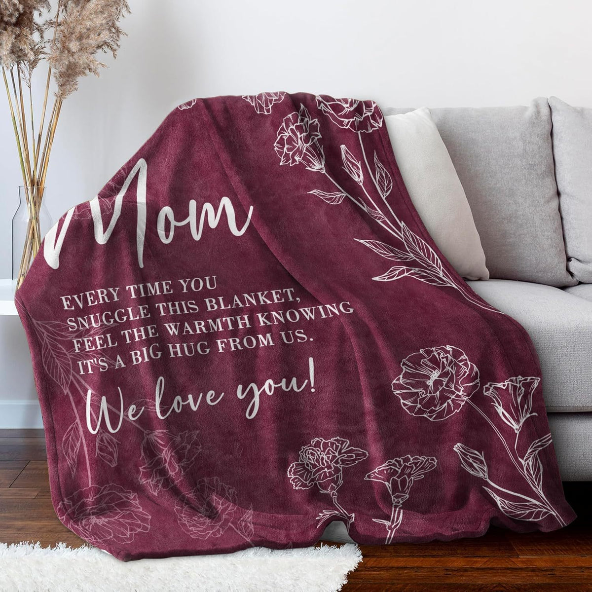 A Cozy Blanket Featuring a Wine Red Backdrop Adorned with a White Floral Design, Perfect As a Birthday Present for Mothers, Daughters, And Sons. Ideal for Use in Dorms, Office Naps, Outdoor Camping, Or As Room Decor, with a Thickness of 280Gsm
