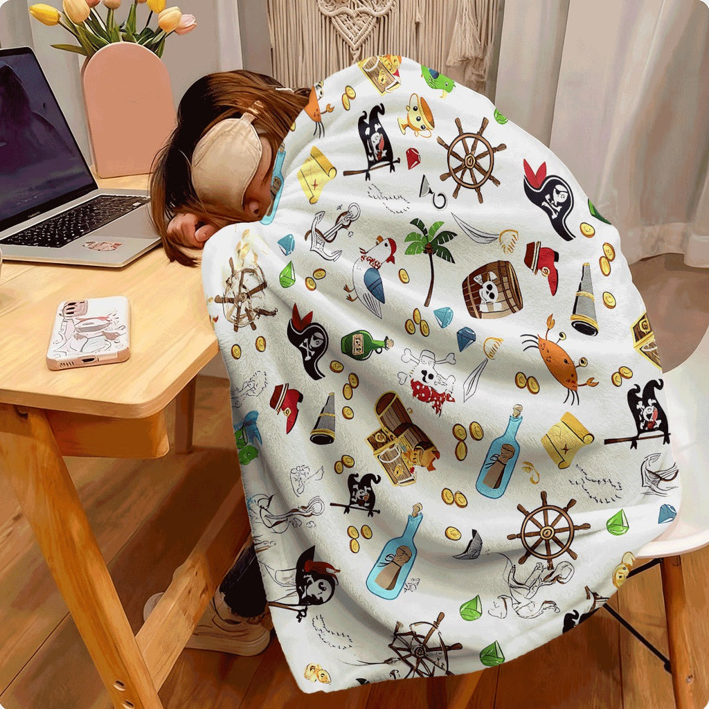 1pc Pirate Adventure Flannel Blanket Cute Pirate Theme with Treasure Chest Coin Flag Design Soft All-Season Throw for Room Decor Machine Washable