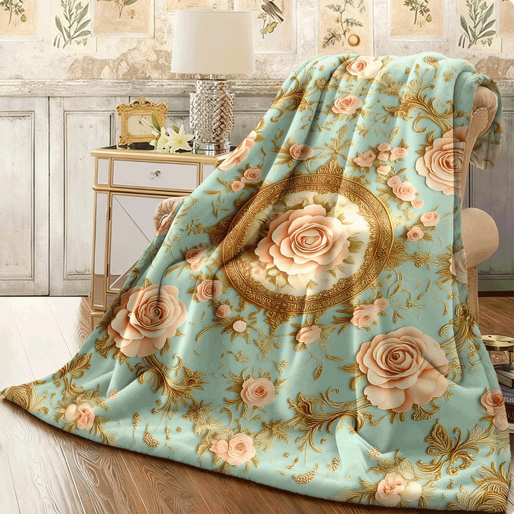1pc Luxury Pastoral Flannel Blanket Light Blue with 3D Pink Roses & Golden Ornate Pattern Soft & Warm Throw for Sofa Cozy All-Season Decorative Blanket